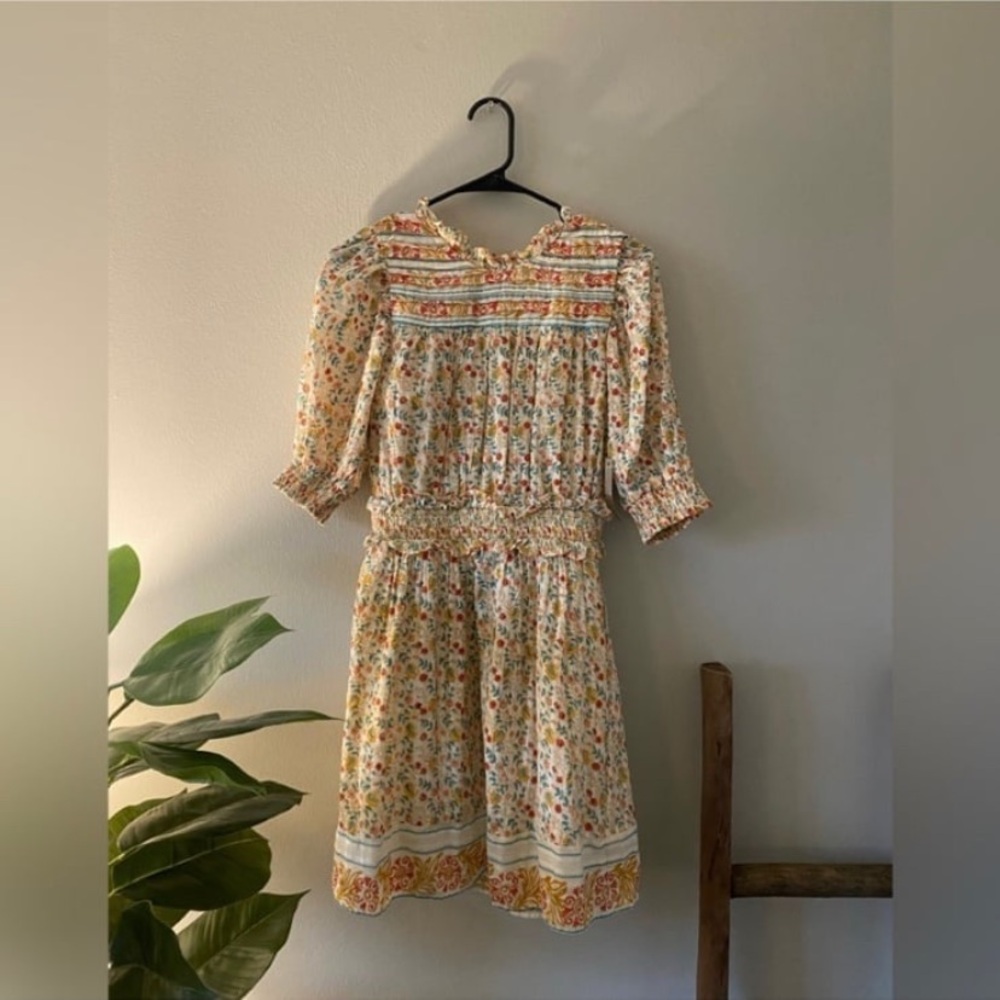 Cleobella Dallas Yellow Floral Print Open Smock Back Tasseled Mini Dress size M - Picture 5 of 9